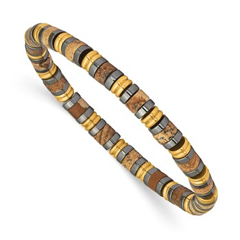 StainlessSteel Polished Yellow IP Hematite and Picture Jasper Beaded Bracelet