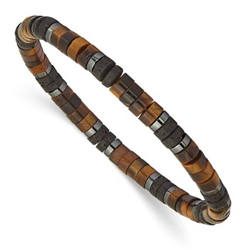 "Chisel 6mm Beaded Tigers Eye, Lava Stone and Hematite Stretch Bracelet"