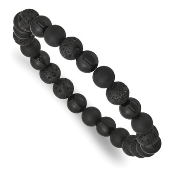 Chisel 8mm Beaded Polished and Matte Black Onyx and Lava Stone Stretch Bracelet