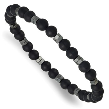 Chisel Beaded Polished Hexagon Hematite and 6mm Matte Onyx Stretch Bracelet