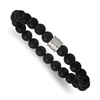 Chisel Stainless Steel Polished and Hammered 8.5mm Matte Onyx Beaded Stretch Bracelet