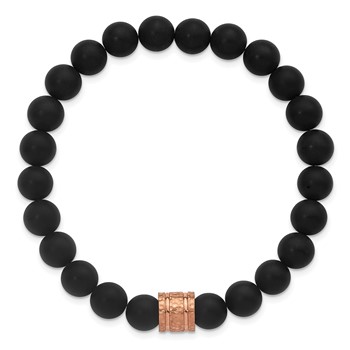 Chisel Stainless Steel Polished and Hammered Rose IP-plated 8.5mm Onyx Beaded Stretch Bracelet — alternate view