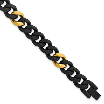 Chisel Stainless Steel Brushed and Polished Black and Yellow IP-plated 10.50mm 8.5 inch Cuban Link Bracelet
