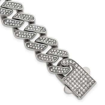 Chisel Stainless Steel Polished 15mm Full Crystal 7.75 inch Cuban Link Bracelet