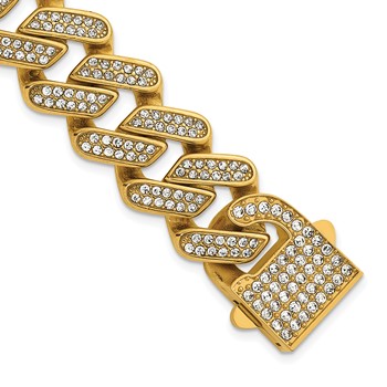 Chisel Stainless Steel Polished Yellow IP-plated 19mm Full Crystal 8.25 inch Cuban Link Bracelet