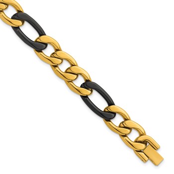 Chisel Stainless Steel Polished Black and Yellow IP-plated 11mm 8.5 inch Figaro Link Bracelet