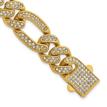 Chisel Stainless Steel Polished Yellow IP-plated 16mm Full Crystal 8 inch Figaro Link Bracelet