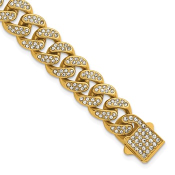 Chisel Stainless Steel Polished Yellow IP-plated 11mm Full Crystal 8 inch Curb Link Bracelet