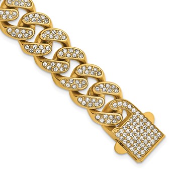 Chisel Stainless Steel Polished Yellow IP-plated 15mm Full Crystal 8.5 inch Curb Link Bracelet