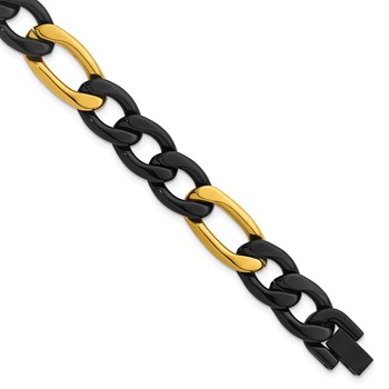 Chisel Stainless Steel Polished Black and Yellow IP-plated 11mm 8.5 inch Figaro Bracelet