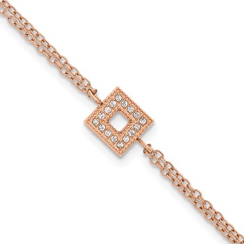 Stainless Steel Polished Rose IP CZ Square 6in with 2in ext. 2-Strand Bracelet