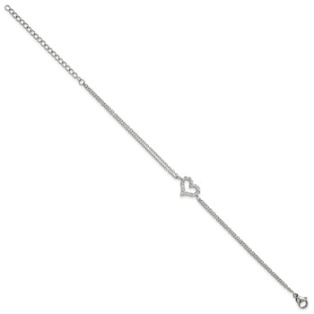 Chisel Stainless Steel Polished with CZ Heart 6 inch 2-Strand Bracelet with 2 inch Extension — alternate view