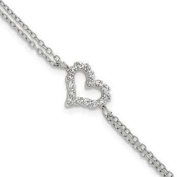 Chisel Stainless Steel Polished with CZ Heart 6 inch 2-Strand Bracelet with 2 inch Extension