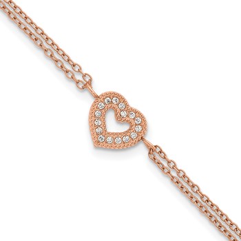 Chisel Stainless Steel Polished Rose IP-plated with CZ Heart 6 inch 2-Strand Bracelet with 2 inch Extension
