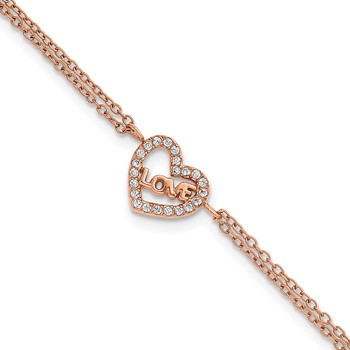 Chisel Stainless Steel Polished Rose IP-plated with CZ LOVE Heart 6 inch 2-Strand Bracelet with 2 inch Extension