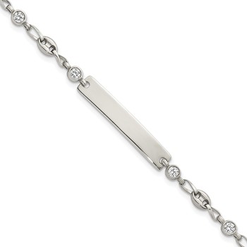Stainless Steel with 925 Polished White CZ Anchor 6.25in ID Bracelet