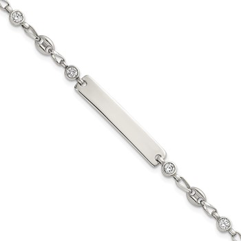 Stainless Steel with 925 Polished White CZ Anchor 7.5in ID Bracelet