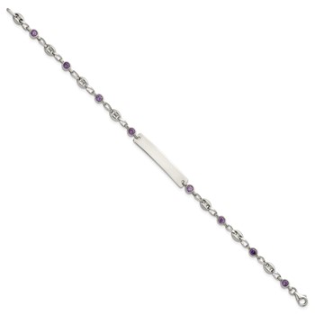 Stainless Steel with 925 Polished Purple CZ Anchor 7.5in ID Bracelet — alternate view