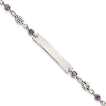 Stainless Steel with 925 Polished Purple CZ Anchor 7.5in ID Bracelet