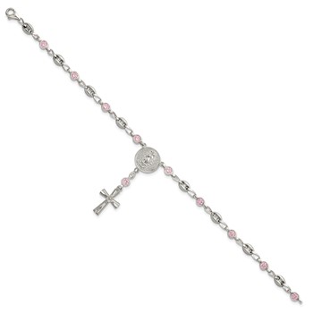 Chisel Stainless Steel with Sterling Silver Polished Pink CZ 7.5 inch Rosary Bracelet — alternate view