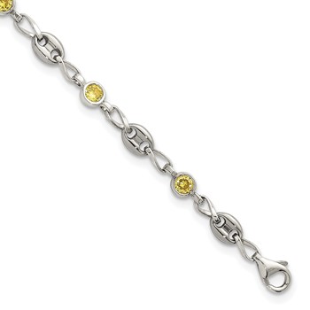 Chisel Stainless Steel with Sterling Silver Polished with Yellow CZ 7.5 inch Anchor Link Bracelet