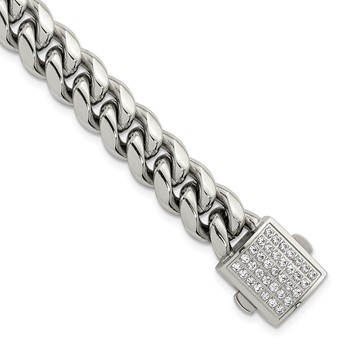 Chisel Stainless Steel Polished 10mm 8.5 inch Curb Link Bracelet with Full CZ Clasp
