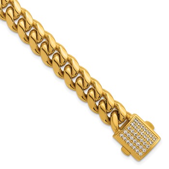 Chisel Stainless Steel Polished Yellow IP-plated 8.5 inch Curb Link Bracelet with Full CZ Clasp