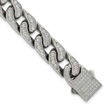 Chisel Stainless Steel Polished 12mm Full CZ 8.5 inch Cable Link Bracelet