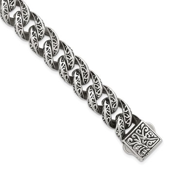 Stainless Steel Polished Antiqued 14mm Cable Link 8.5in Bracelet