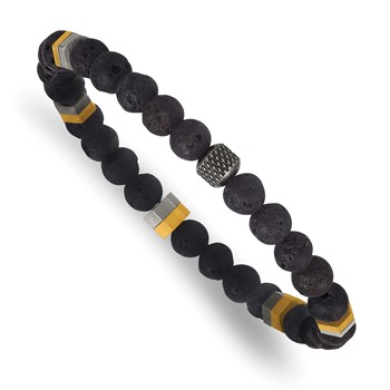 Chisel Stainless Steel Antiqued and Polished Yellow IP-plated 6.25mm Lava Stone Beaded Stretch Bracelet