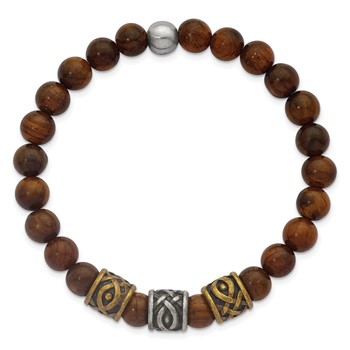 Chisel Stainless Steel Brushed Antiqued Yellow IP-plated 9.25mm Wood Beaded Stretch Bracelet — alternate view