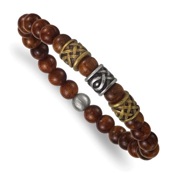 Chisel Stainless Steel Brushed Antiqued Yellow IP-plated 9.25mm Wood Beaded Stretch Bracelet