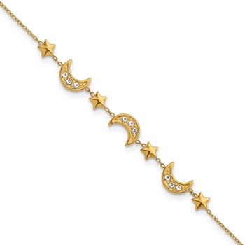 Chisel Stainless Steel Polished Yellow IP-plated with Crystal Moon and Stars 6.5 inch Bracelet with 2 inch Extension