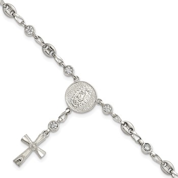 Chisel Stainless Steel with Sterling Silver Polished White CZ 7.5 inch Rosary Bracelet
