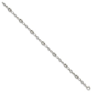 Chisel Stainless Steel with Sterling Silver Polished with White CZ 6 inch Anchor Link Bracelet — alternate view