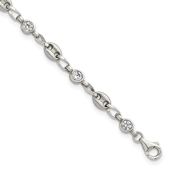 Chisel Stainless Steel with Sterling Silver Polished with White CZ 6 inch Anchor Link Bracelet