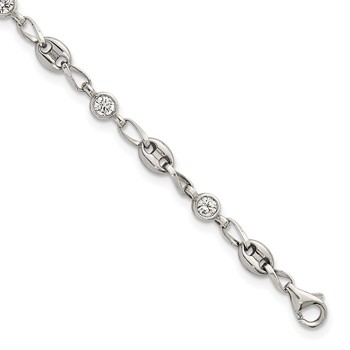 Chisel Stainless Steel with Sterling Silver Polished with White CZ 7.5 inch Anchor Link Bracelet