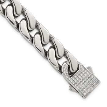 Chisel Stainless Steel Polished 12mm 8.5 inch Cable Link Bracelet with Full CZ Clasp