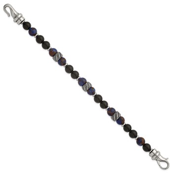 Stainless Steel Polished Antiq Blue Golden/Black Onyx Bead 8.5in Bracelet — alternate view
