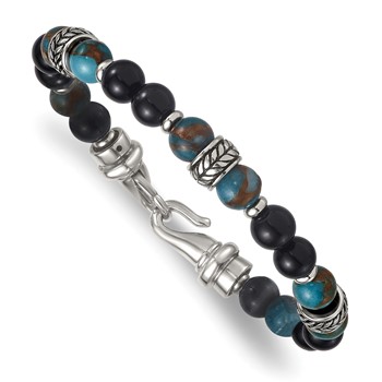 Stainless Steel Polished Antiq Lt Blue Gold/Black Onyx Bead 8.5in Bracelet