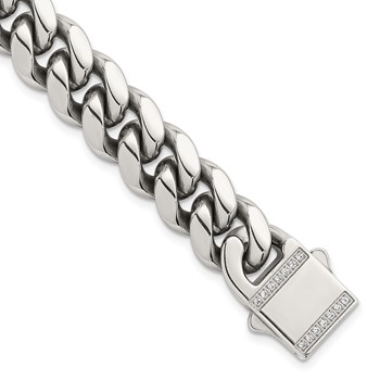Chisel Stainless Steel Polished 12mm 8.25 inch Curb Link Bracelet with CZ Clasp