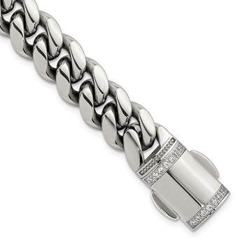 Chisel Stainless Steel Polished 12mm 8.25 inch Curb Link Bracelet with CZ Clasp