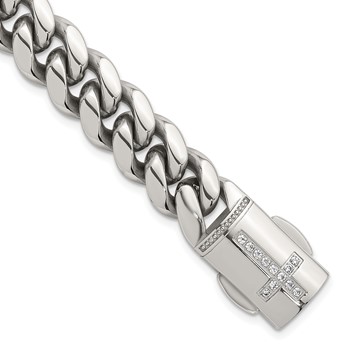 Chisel Stainless Steel Polished 12mm 8.5 inch Curb Link Bracelet with CZ Cross Clasp