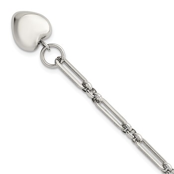 Chisel Stainless Steel Polished 3-D  Dangle Heart 4.5mm Link 7.5 inch Bracelet