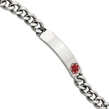 Chisel Stainless Steel Polished with Red Enamel Medical ID 9.5 inch Curb Chain Bracelet — alternate view