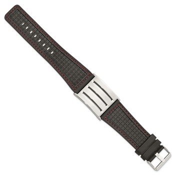 Stainless Steel Black Leather w/ Red Trim Polished Buckle Bracelet — alternate view