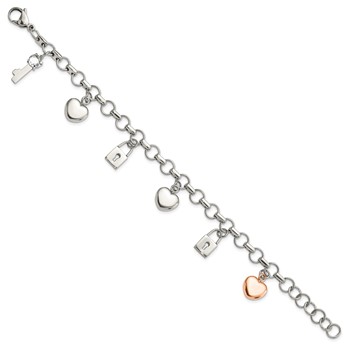 Stainless Steel Rose IP-plated Polished CZ Heart, Lock & Key w/ 1in ext Bracelet — alternate view
