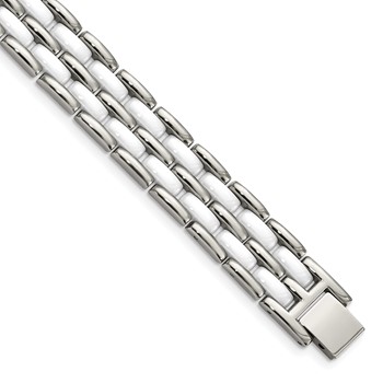 Chisel Stainless Steel Polished with Double Row White Ceramic 8.25 inch Link Bracelet
