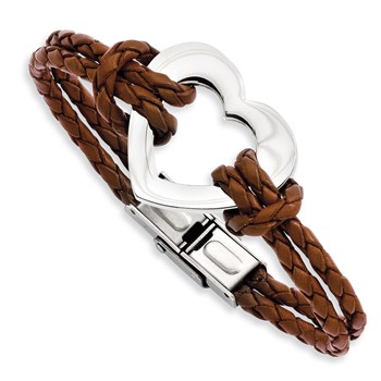 Chisel Stainless Steel Polished Heart Brown Braided Leather 7.5 inch Bracelet — alternate view