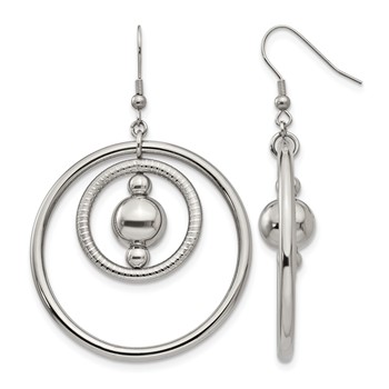 Stainless Steel Polished and Textured Geometric Circle Dangle Earrings